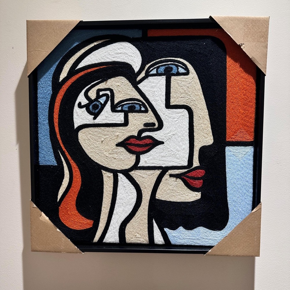 BP Home Framed Embroidered Textile Wall Art Picasso Cubism Face Decor 17"